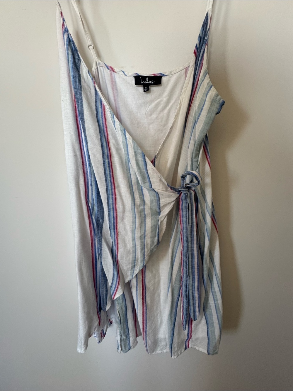 Lulu's White V-Neck Wrap Dress with Pastel Blue, Green, Pink and Red stripes - Picture 5 of 5